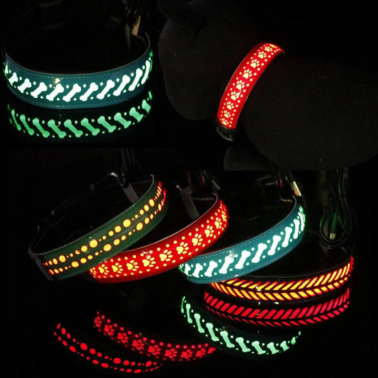 LED Luminous Pet Dog Collar Engraved Leather - WoofMeowProps.com